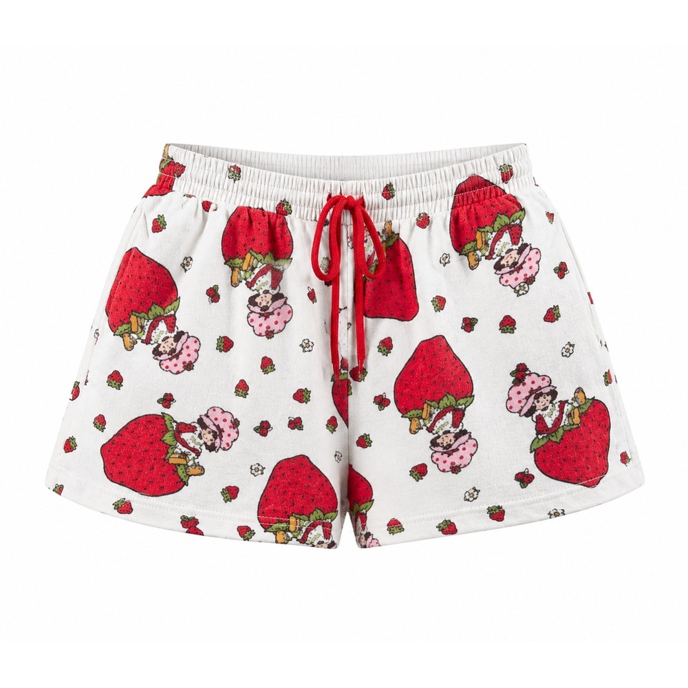 Strawberry Shortcake Lounge Shorts Cream Red womens Small Retro Y2K fairy PJs